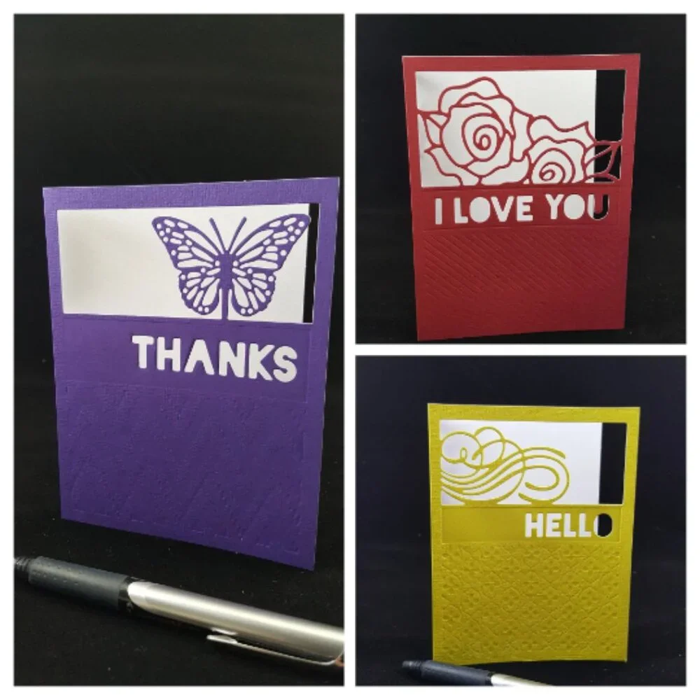 Sentiment Note Cards, Set of 6, Purple, Yellow, & Rose Note Card, Die Cut Design